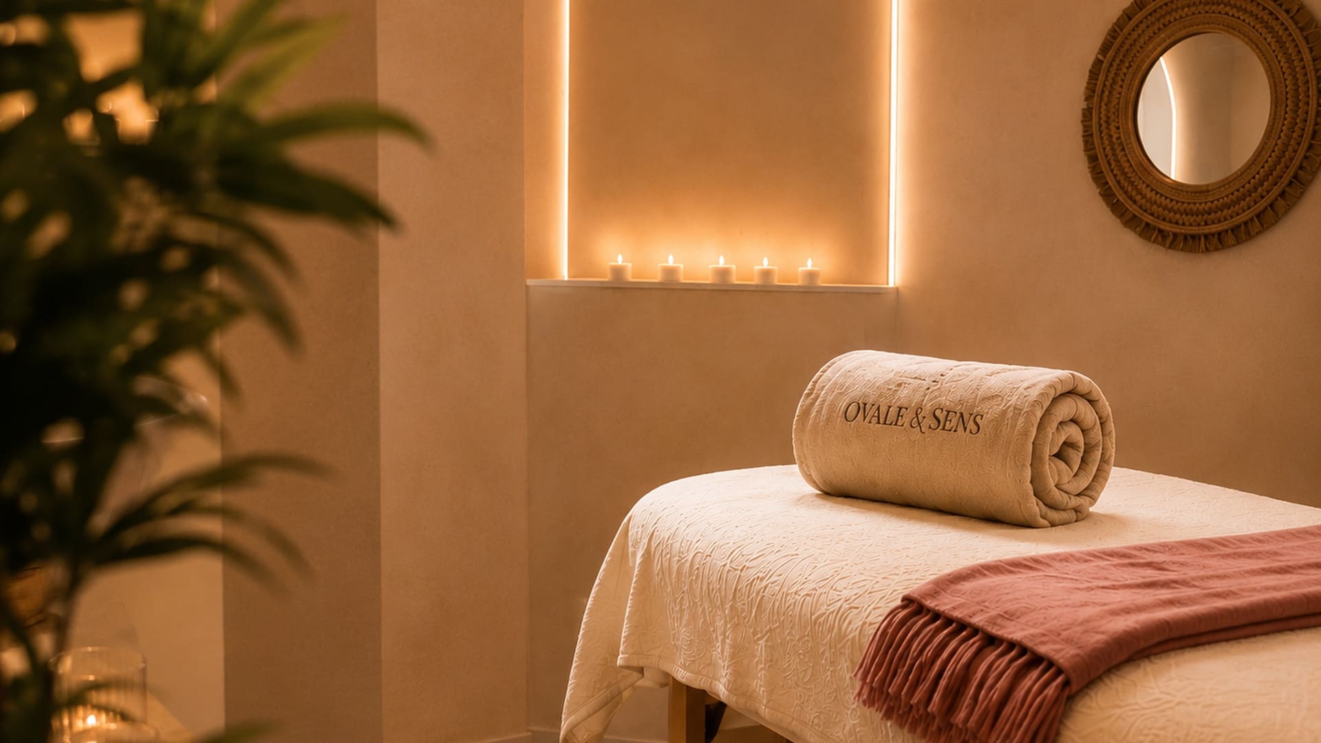 Cabine de soin avec table de massage et ambiance tamisée à l'institut de beauté Ovale & Sens à Montpellier