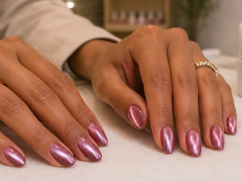 Effet Cat Eye et Chrome sur ongles gel à Montpellier