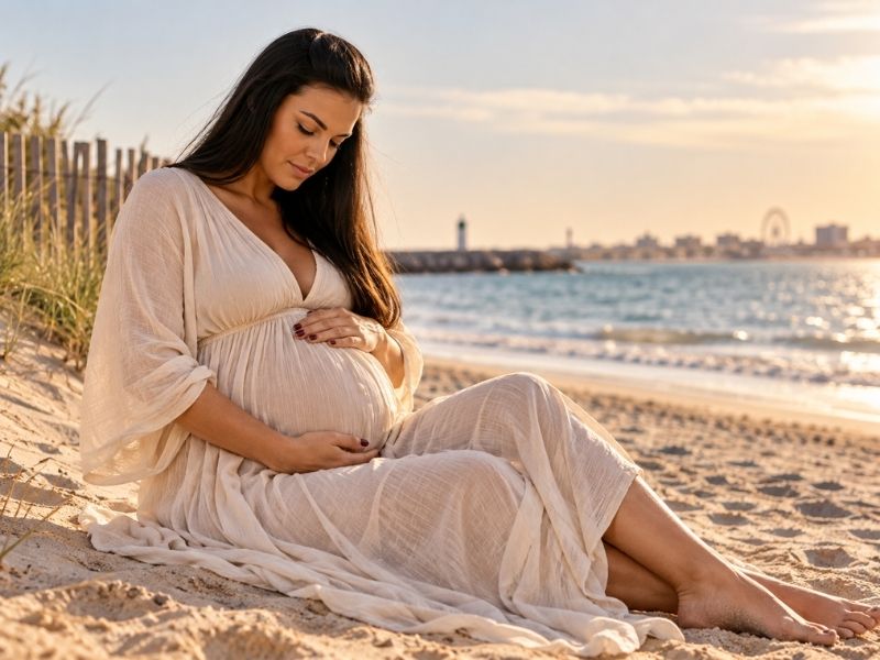 Future maman sur une plage près de Montpellier